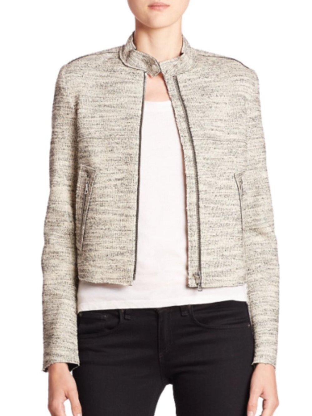 THEORY Bavewick Branson Gray Textured Tweed Zip Up Moto Jacket Size Med